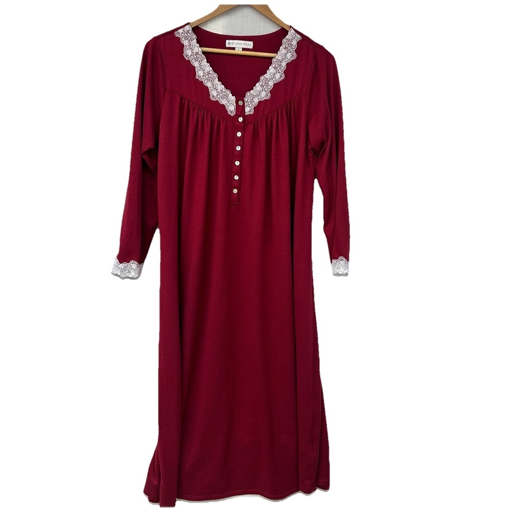 Eileen West Berry Small S Long Sleeve Lace Trim Cozy Knit Nightgown Gown‎ Pajama